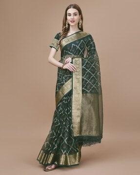 women printed organza saree with tassels