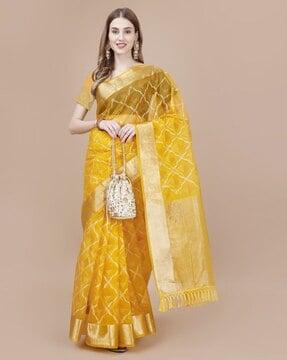 women printed organza saree with tassels