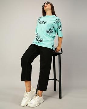 women printed oversized fit crew-neck t-shirt