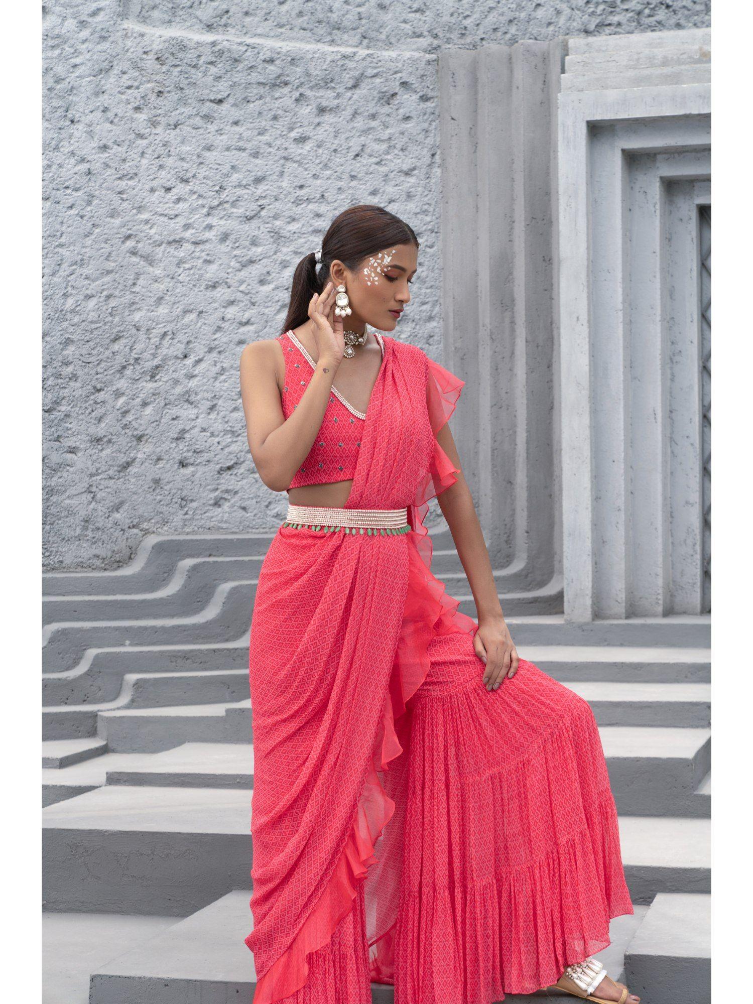 women printed pink sharara saree with blouse & belt (set of 3)