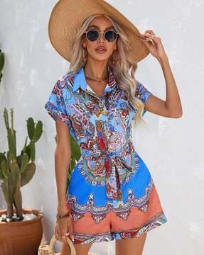women printed playsuit with flap pockets