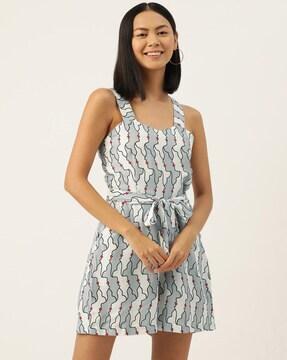 women printed playsuit with waist tie-up