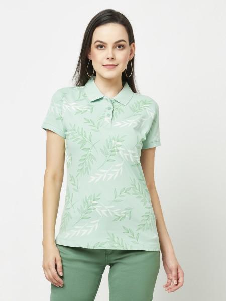 women printed polo neck cotton blend green t-shirt