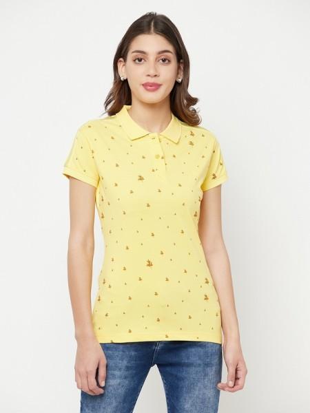 women printed polo neck cotton blend yellow t-shirt