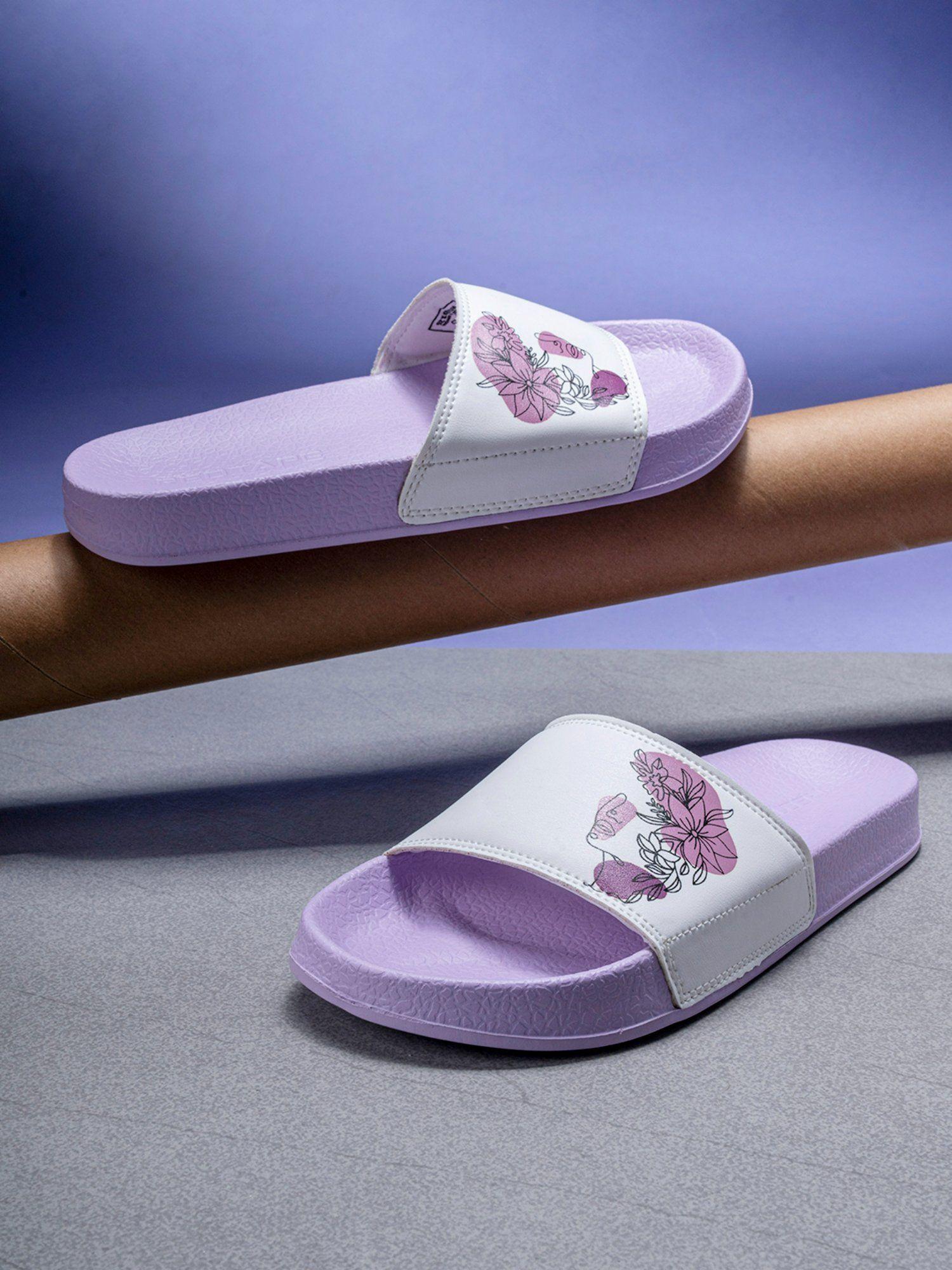 women printed purple sliders