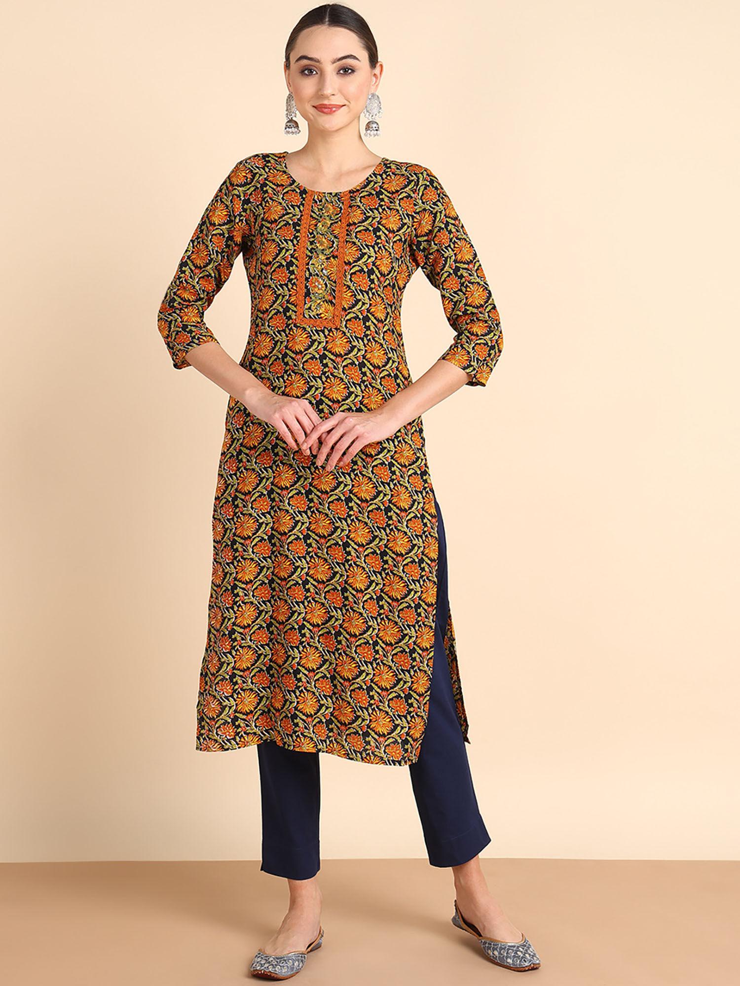 women printed rayon black straight kurta