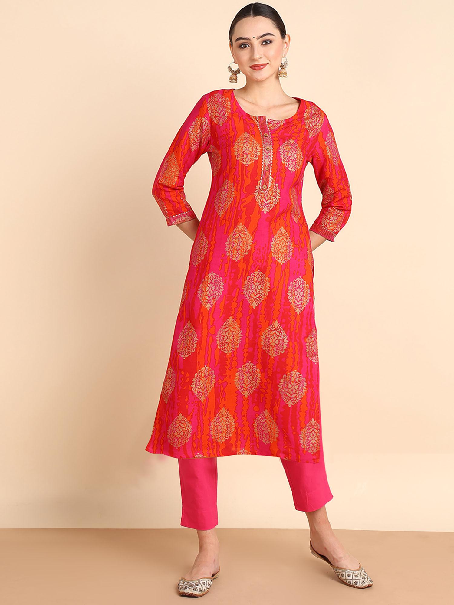 women printed rayon orange straight kurta