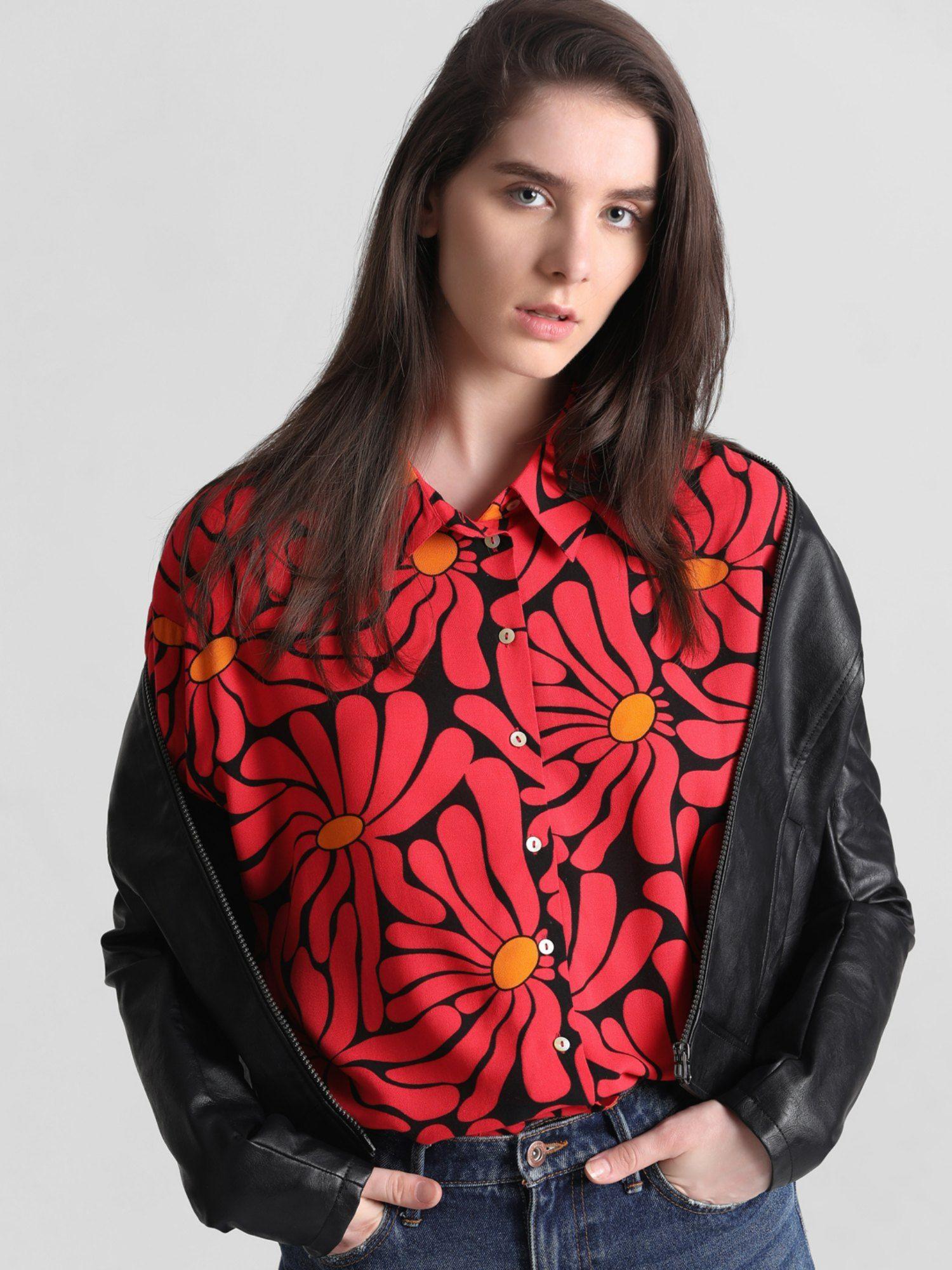 women printed red shirt