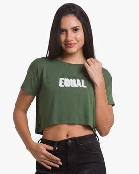 women printed regular fit crew-neck crop t-shirt