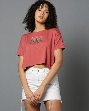 women printed regular fit crew-neck crop t-shirt