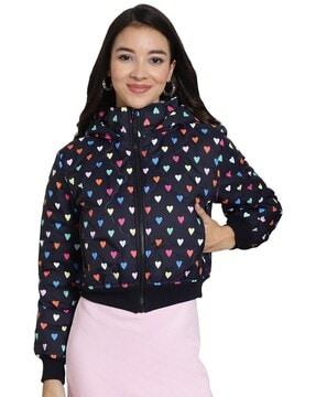 women printed regular fit jacket with zip closure