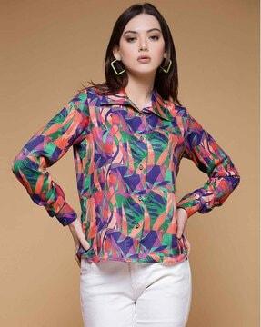 women printed regular fit shirt with cuffed sleeves