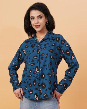 women printed regular fit shirt with cuffed sleeves