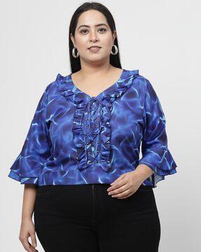 women printed regular fit top with ruffled detail