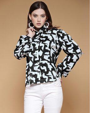 women printed relaxed fit shirt with cuffed sleeves