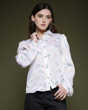 women printed relaxed fit shirt with cuffed sleeves