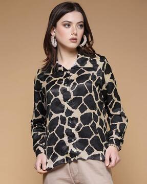 women printed relaxed fit shirt with cuffed sleeves