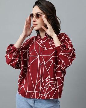 women printed relaxed fit shirt with mandarin collar