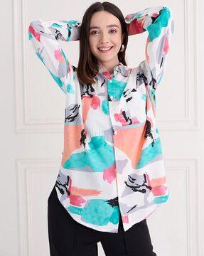 women printed relaxed fit shirt with patch pocket