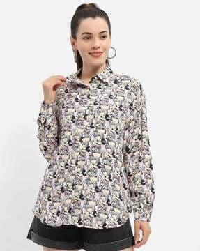 women printed relaxed fit shirt with spread collar