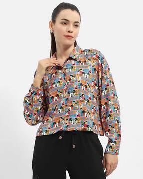 women printed relaxed fit shirt with spread collar