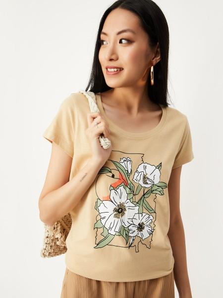 women printed round neck cotton blend beige t-shirt