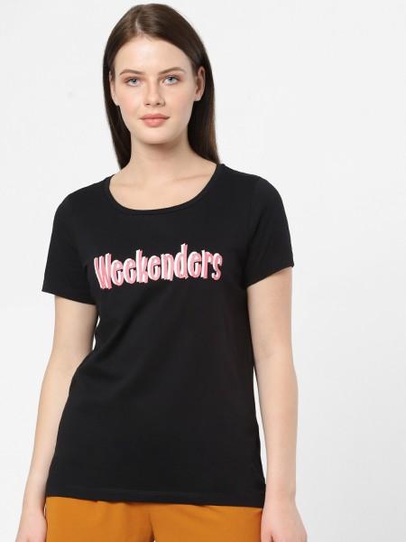 women printed round neck cotton blend black t-shirt