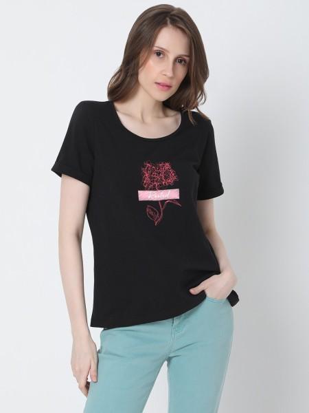 women printed round neck cotton blend black t-shirt