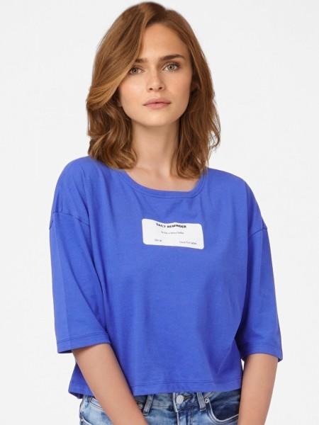 women printed round neck cotton blend blue t-shirt