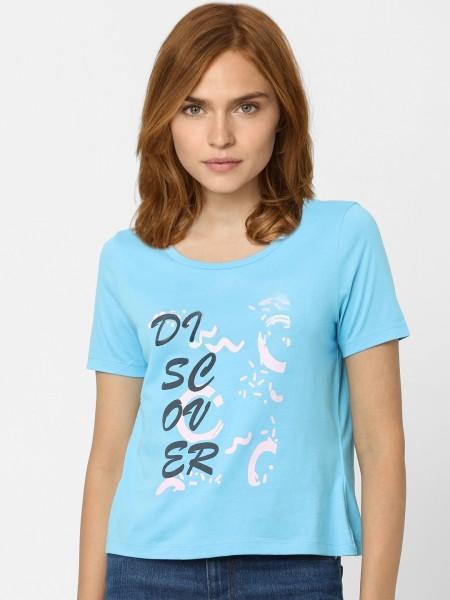 women printed round neck cotton blend blue t-shirt