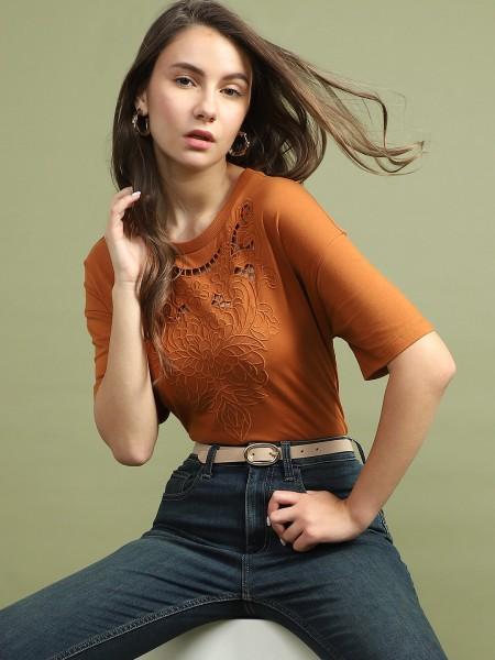 women printed round neck cotton blend brown t-shirt