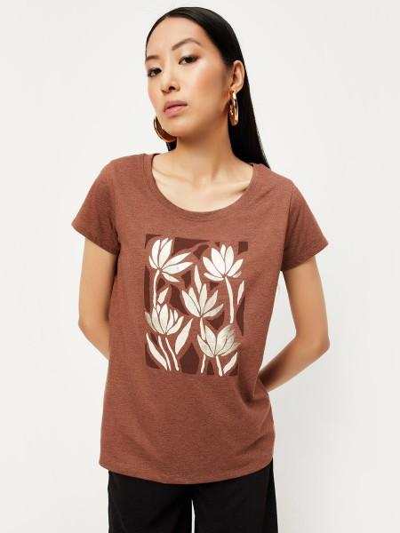 women printed round neck cotton blend brown t-shirt