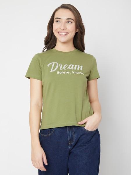 women printed round neck cotton blend green t-shirt