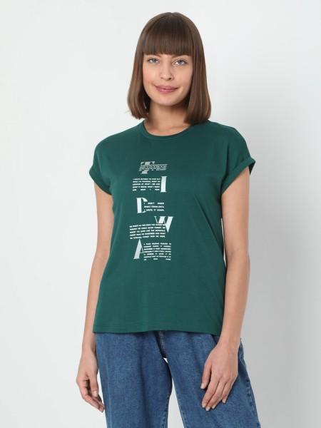 women printed round neck cotton blend green t-shirt