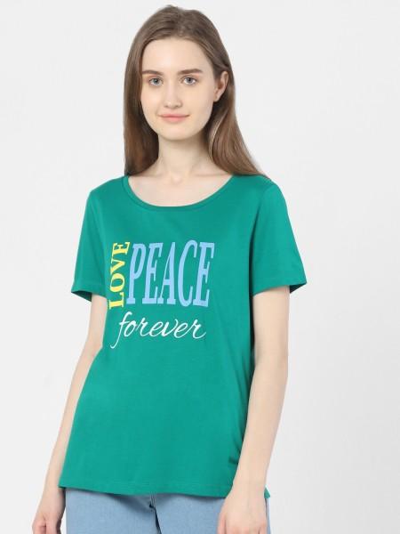 women printed round neck cotton blend green t-shirt