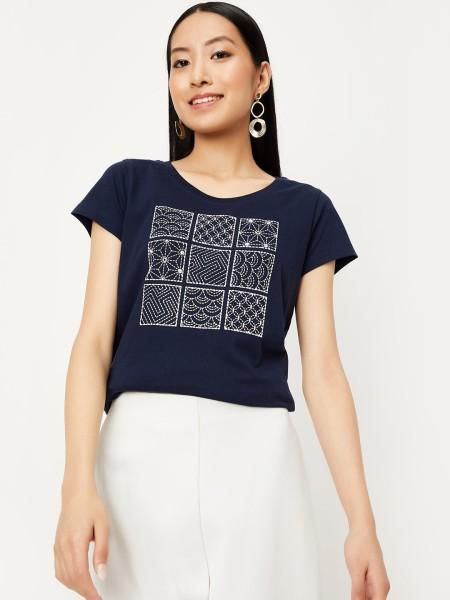 women printed round neck cotton blend navy blue t-shirt