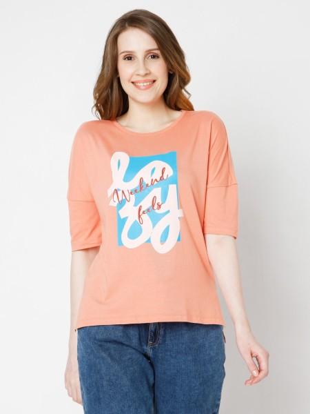 women printed round neck cotton blend orange t-shirt