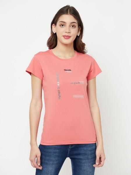 women printed round neck cotton blend pink t-shirt