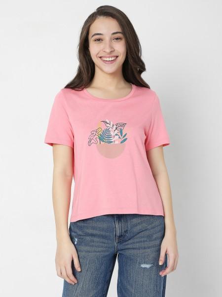 women printed round neck cotton blend pink t-shirt