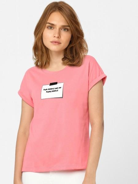 women printed round neck cotton blend pink t-shirt