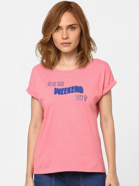 women printed round neck cotton blend pink t-shirt