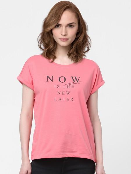 women printed round neck cotton blend pink t-shirt