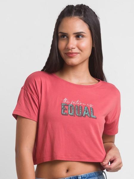 women printed round neck cotton blend pink t-shirt