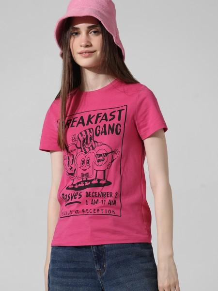 women printed round neck cotton blend pink t-shirt