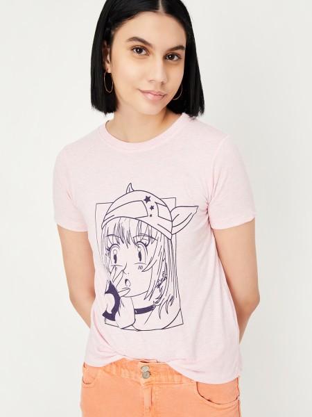 women printed round neck cotton blend pink t-shirt