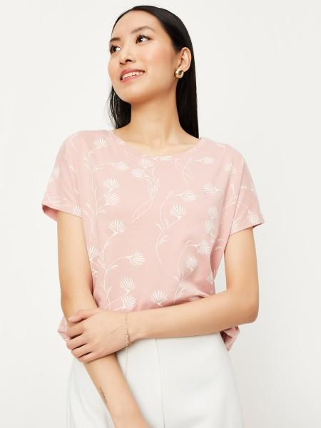 women printed round neck cotton blend pink t-shirt