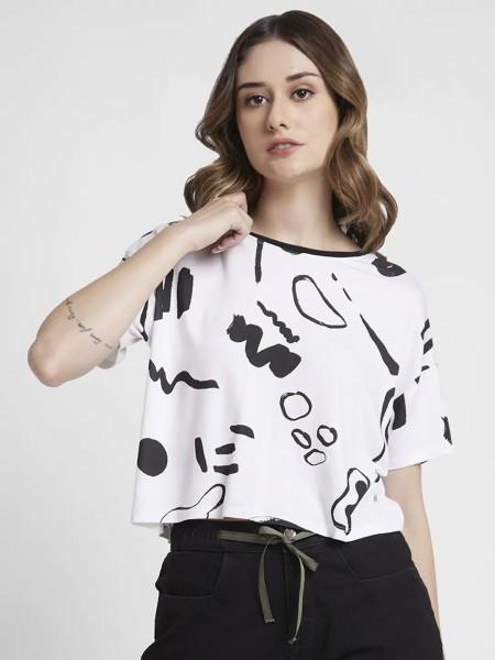 women printed round neck cotton blend white t-shirt