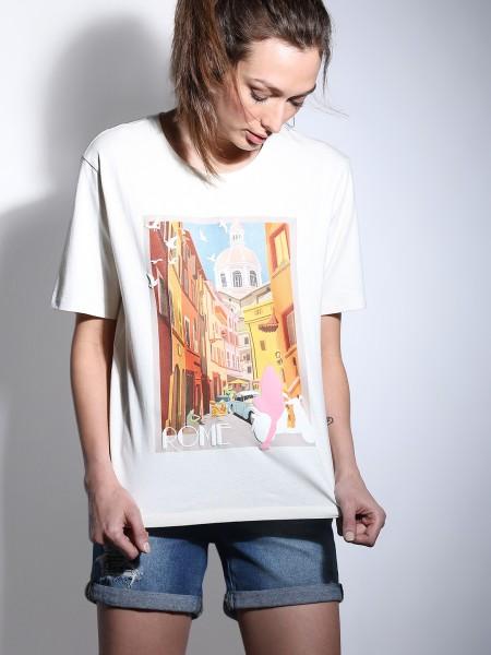 women printed round neck cotton blend white t-shirt