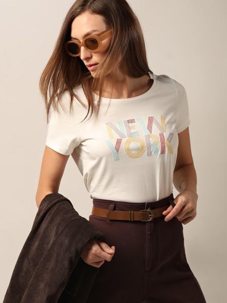 women printed round neck cotton blend white t-shirt