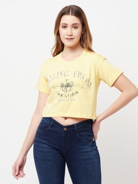 women printed round neck cotton blend yellow t-shirt